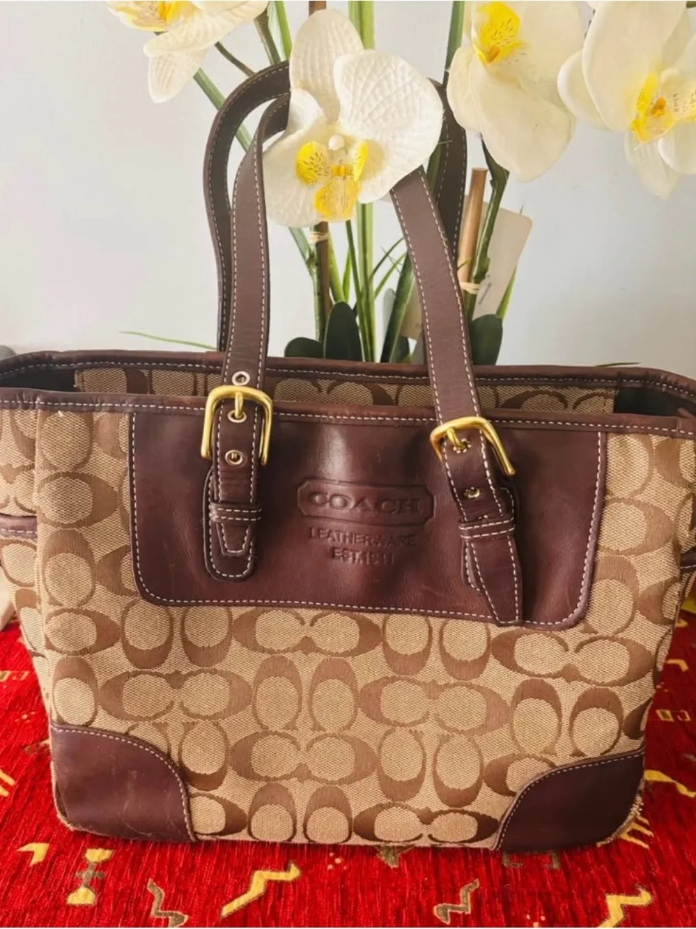 COACH Tan and Brown Signature Canvas Tote with Leather Trim - Picture 1 of 9